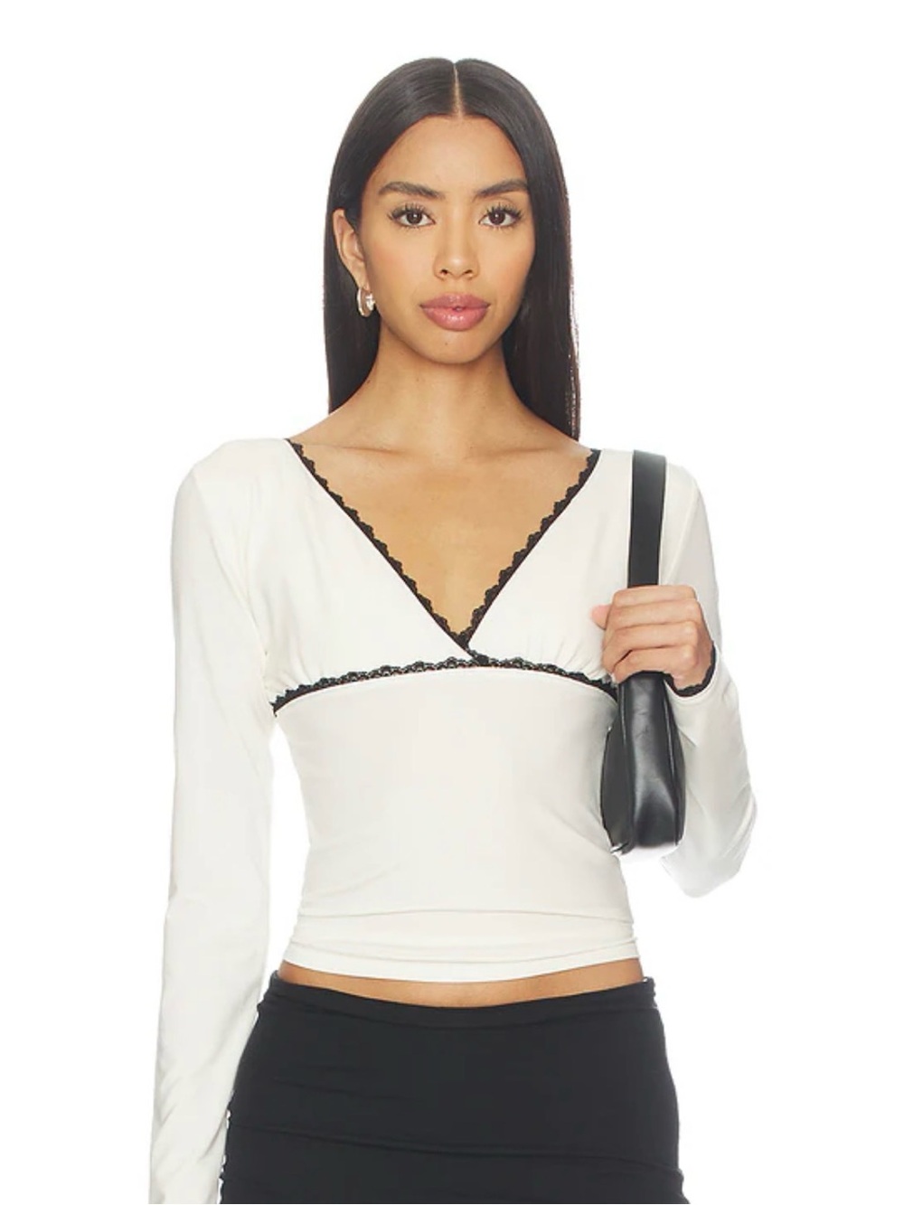 The Line by K White Long-Sleeve V-Neck Top with Black Lace Trim